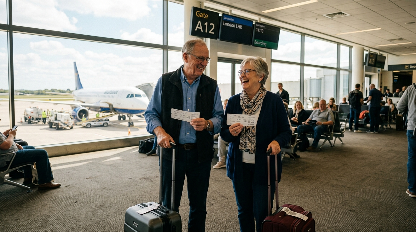 An older couple smiling at each other at an airport gate, holding boarding passes and rolling carry-on bags, with a jet on the tarmac behind them.