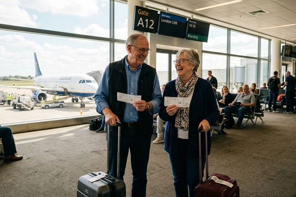 An older couple smiling at each other at an airport gate, holding boarding passes and rolling carry-on bags, with a jet on the tarmac behind them.