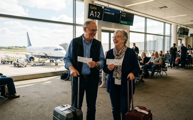 An older couple smiling at each other at an airport gate, holding boarding passes and rolling carry-on bags, with a jet on the tarmac behind them.