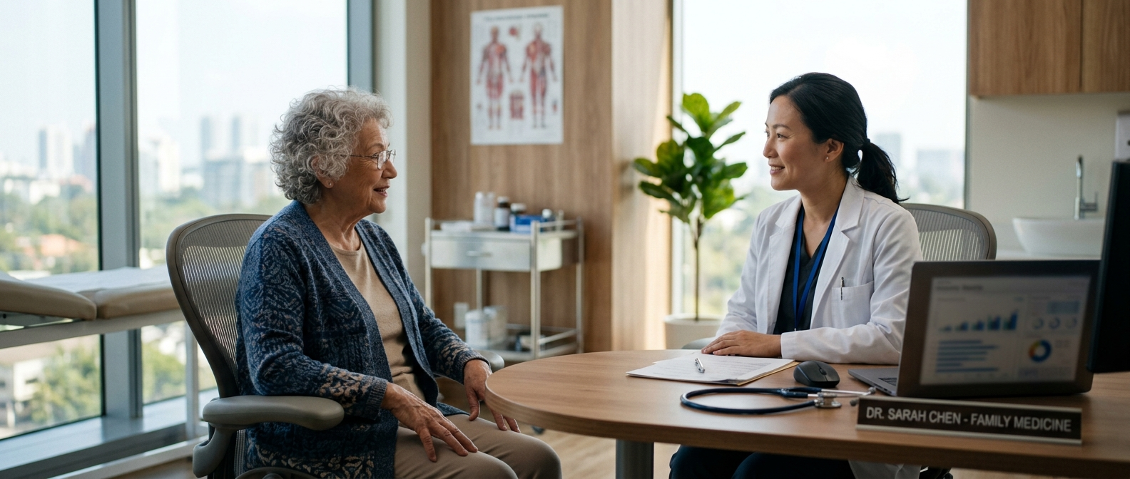 An older woman talking with a doctor in a bright clinic consultation room.