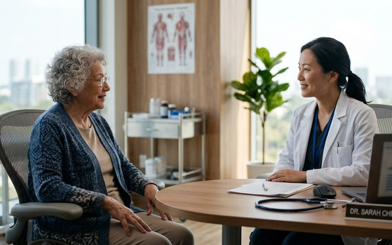 An older woman talking with a doctor in a bright clinic consultation room.
