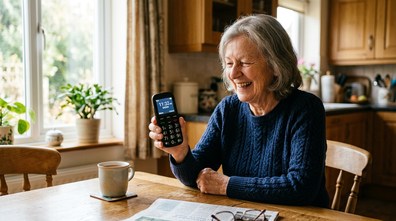A woman in her seventies at a sunlit kitchen table, smiling as she holds a large-button mobile phone.