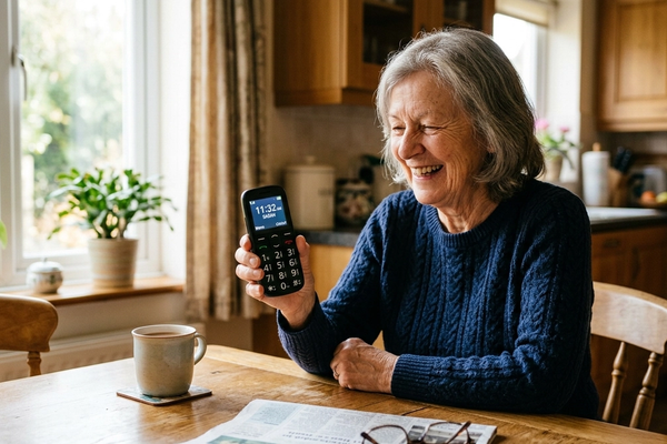 A woman in her seventies at a sunlit kitchen table, smiling as she holds a large-button mobile phone.