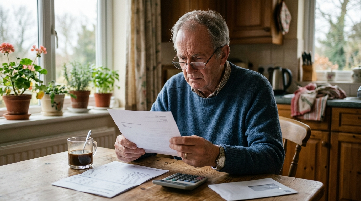 An older man at a kitchen table reading an official government benefits letter with a worried expression.