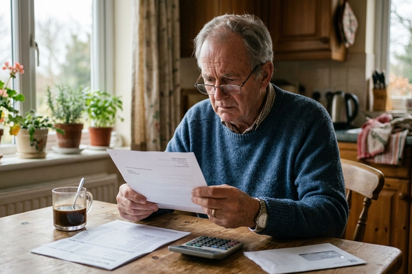 An older man at a kitchen table reading an official government benefits letter with a worried expression.