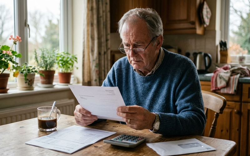 An older man at a kitchen table reading an official government benefits letter with a worried expression.