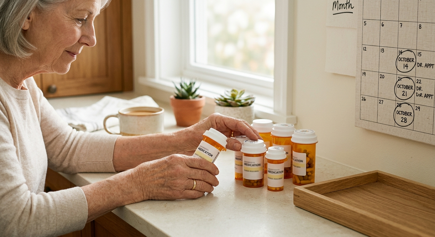 Older adult hands organizing amber prescription bottles on a kitchen counter with a paper calendar visible