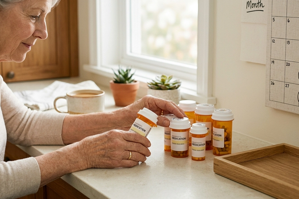 Older adult hands organizing amber prescription bottles on a kitchen counter with a paper calendar visible