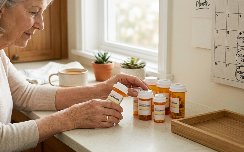 Older adult hands organizing amber prescription bottles on a kitchen counter with a paper calendar visible