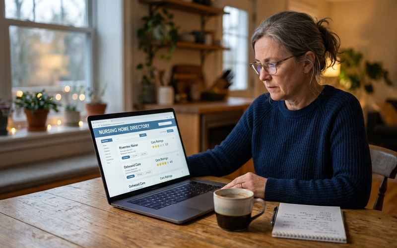 A daughter in her mid-fifties reads a nursing-home directory on her laptop at a kitchen table, screen showing star ratings, notepad beside her.