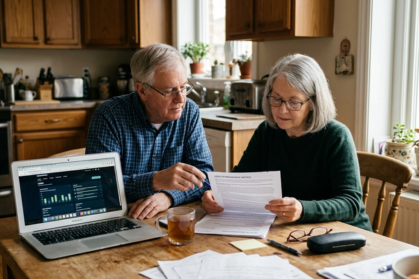 An older couple at a kitchen table reviewing a Medicare plan notice with a laptop open to compare options.