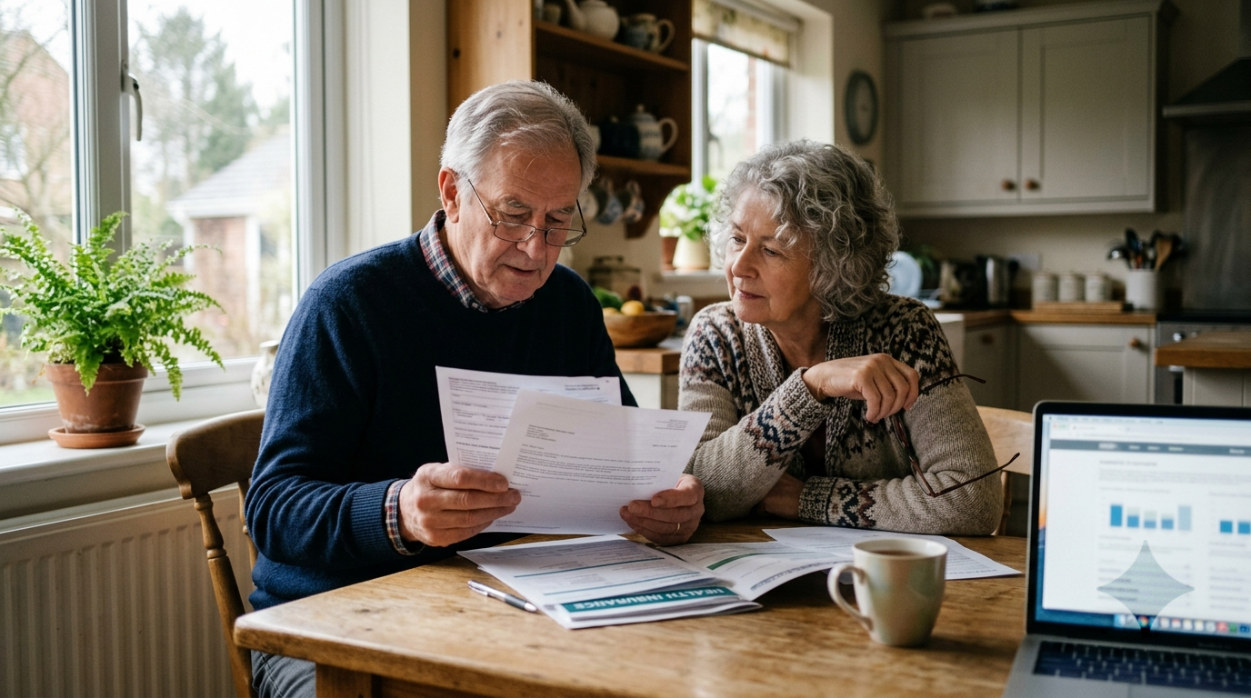An older couple at home reviewing a Medicare plan notice and comparing paperwork at the kitchen table.