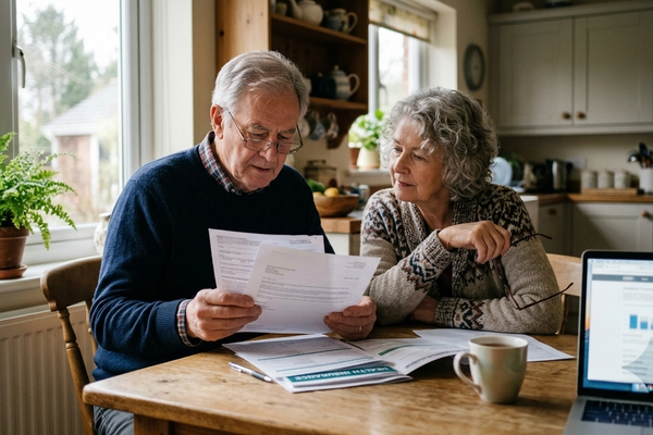 An older couple at home reviewing a Medicare plan notice and comparing paperwork at the kitchen table.
