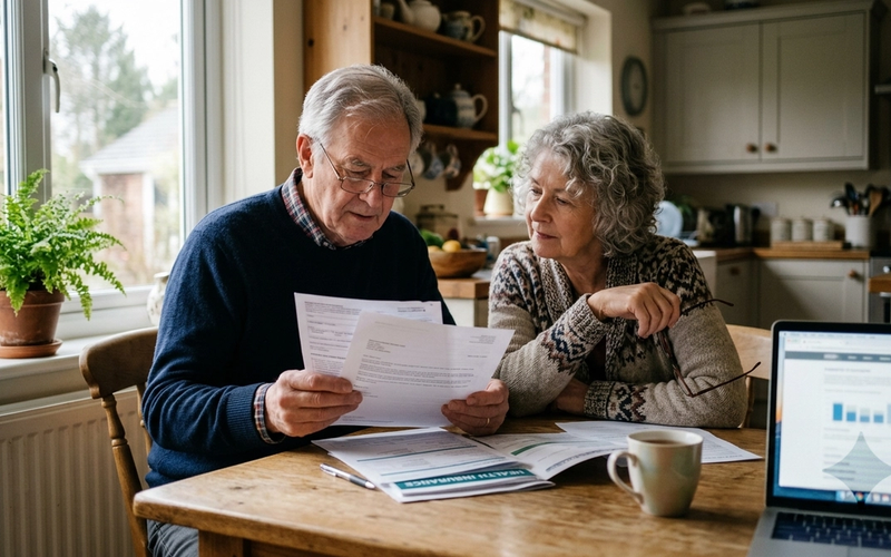 An older couple at home reviewing a Medicare plan notice and comparing paperwork at the kitchen table.