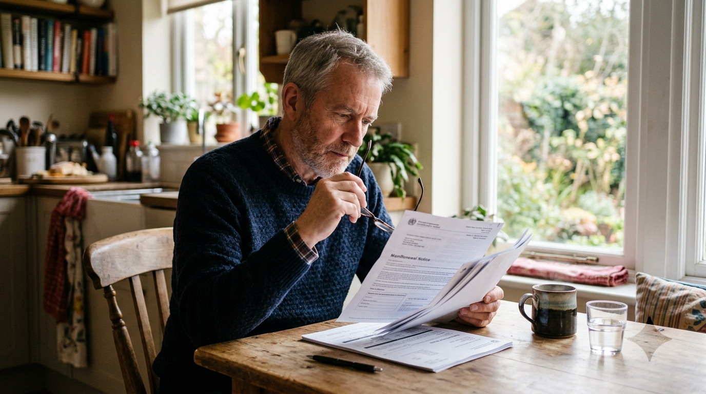 An older man at home reviewing a Medicaid renewal notice and paperwork at his kitchen table.
