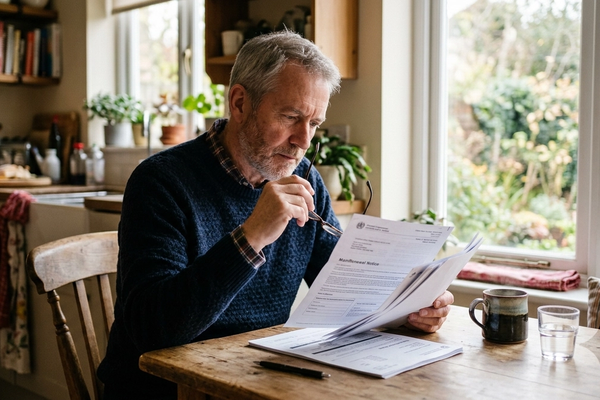 An older man at home reviewing a Medicaid renewal notice and paperwork at his kitchen table.