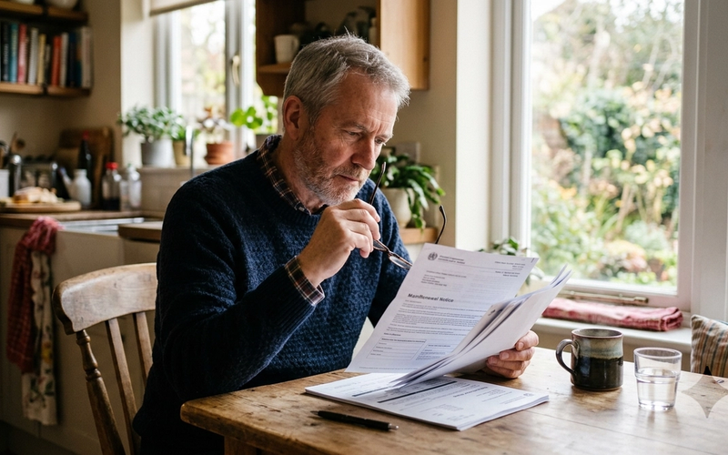 An older man at home reviewing a Medicaid renewal notice and paperwork at his kitchen table.
