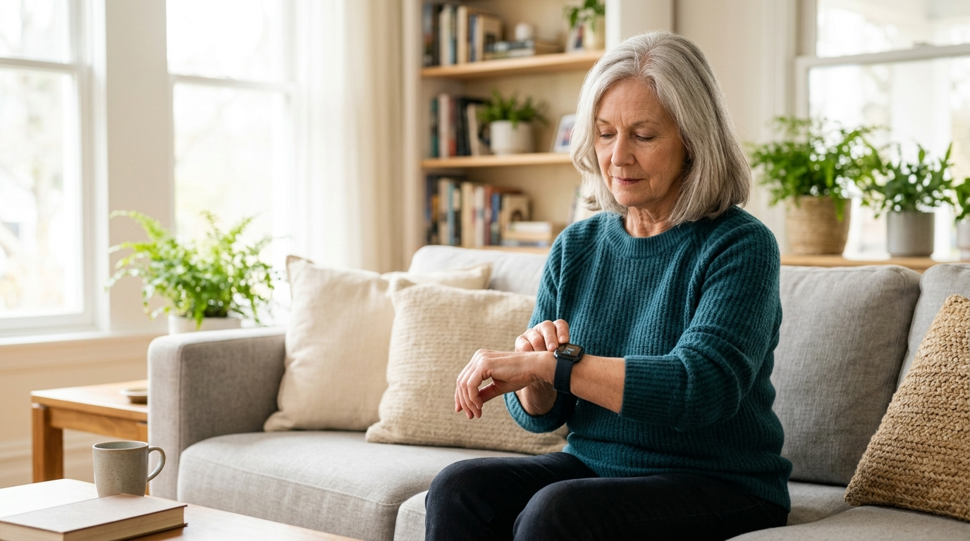 An older woman checking her pulse on her wrist while glancing at a fitness smartwatch.