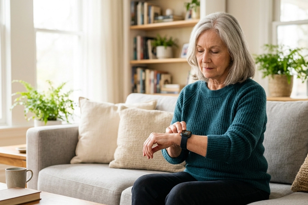 An older woman checking her pulse on her wrist while glancing at a fitness smartwatch.