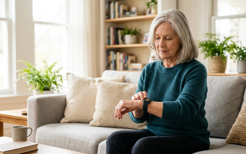 An older woman checking her pulse on her wrist while glancing at a fitness smartwatch.