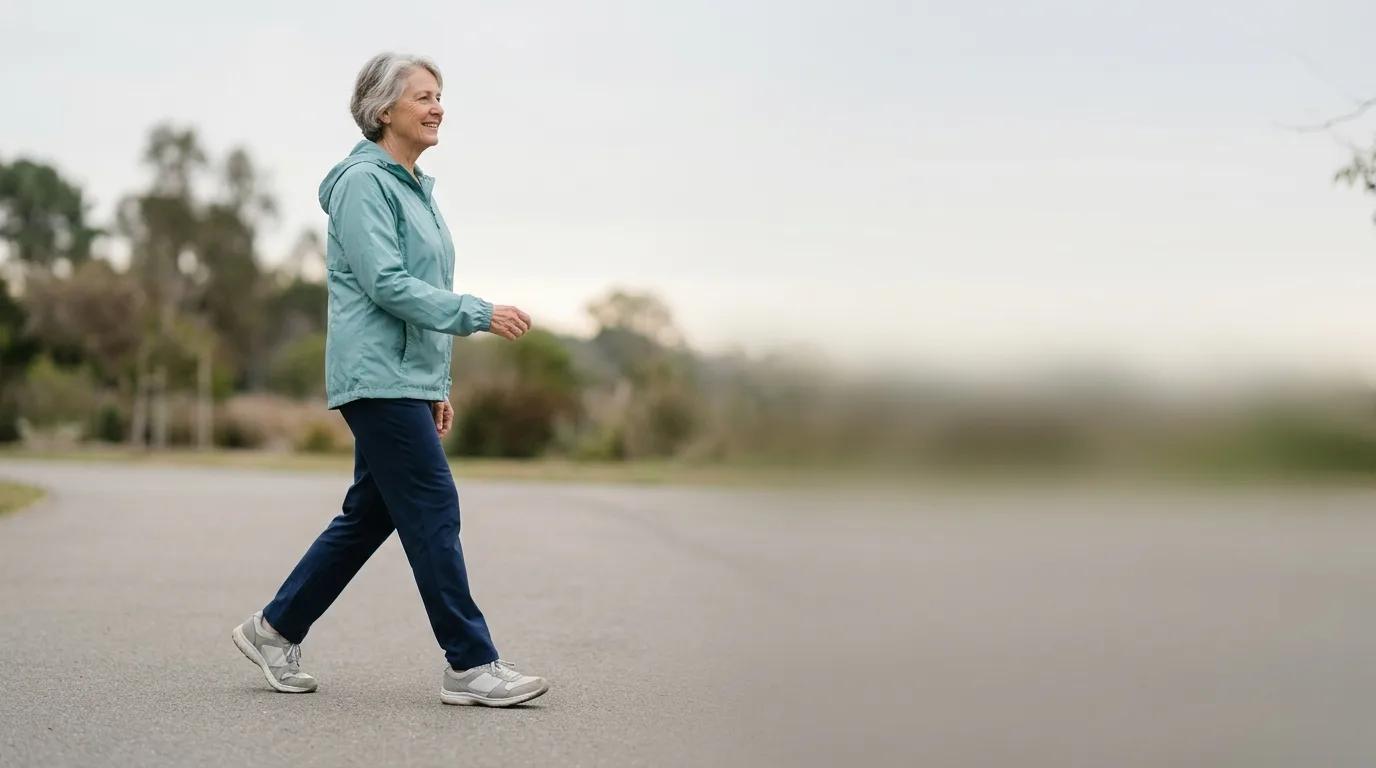 A woman in her late sixties walking on a park path in cushioned grey walking shoes.