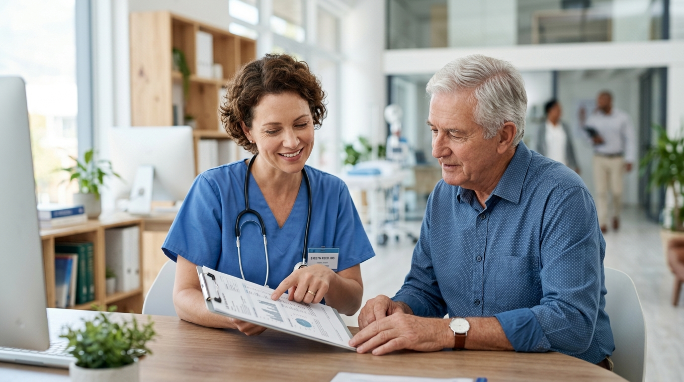A doctor reviewing cholesterol lab results with an older man in a bright clinic.
