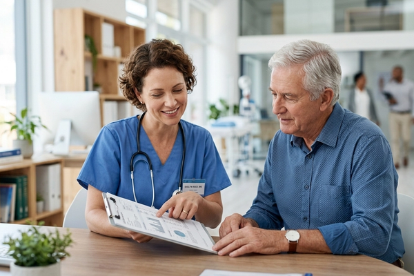 A doctor reviewing cholesterol lab results with an older man in a bright clinic.