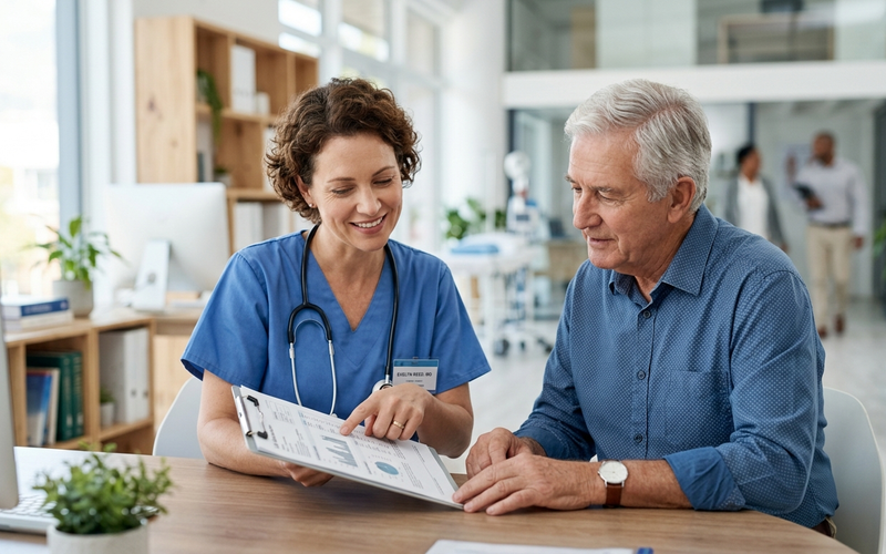 A doctor reviewing cholesterol lab results with an older man in a bright clinic.