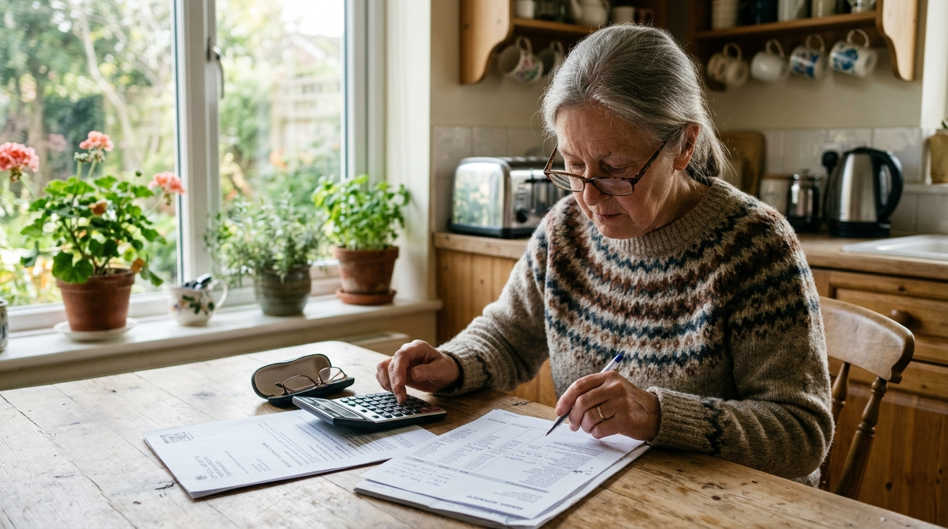 An older woman at a kitchen table reviewing a benefits letter and bank statement with a calculator.