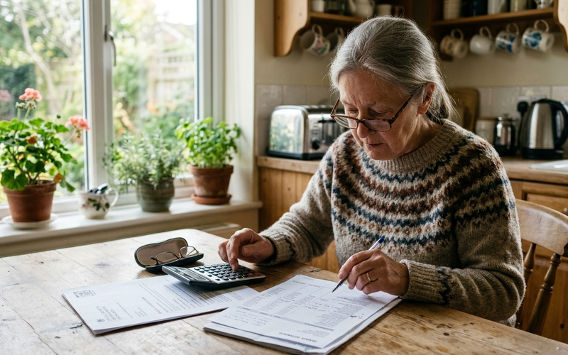 An older woman at a kitchen table reviewing a benefits letter and bank statement with a calculator.