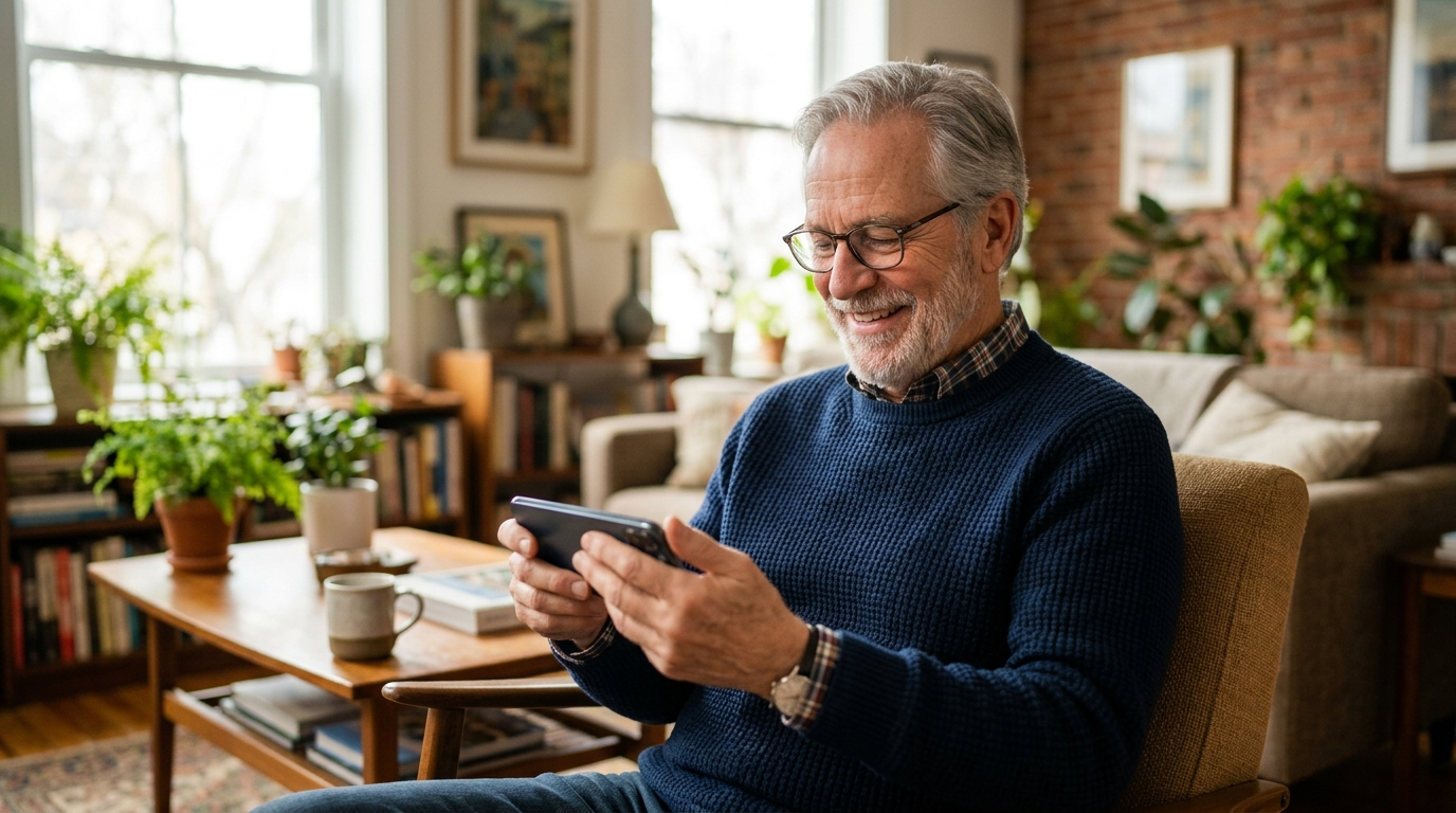 A smiling older man in a bright living room using a modern touchscreen smartphone.