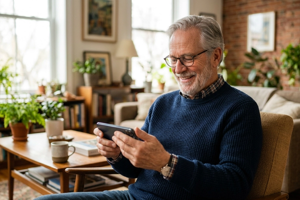 A smiling older man in a bright living room using a modern touchscreen smartphone.