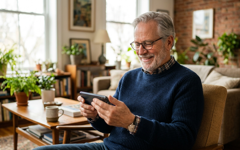 A smiling older man in a bright living room using a modern touchscreen smartphone.