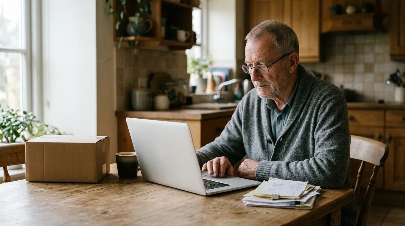 An older man at a kitchen table reading a laptop screen, with a plain delivery box and a stack of paperwork beside him.