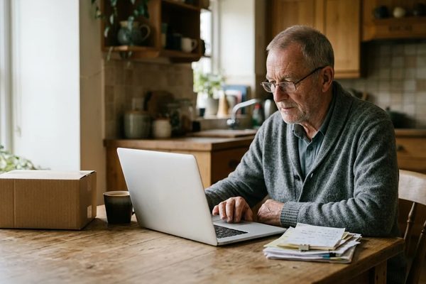 An older man at a kitchen table reading a laptop screen, with a plain delivery box and a stack of paperwork beside him.