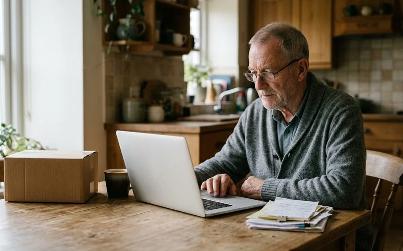 An older man at a kitchen table reading a laptop screen, with a plain delivery box and a stack of paperwork beside him.