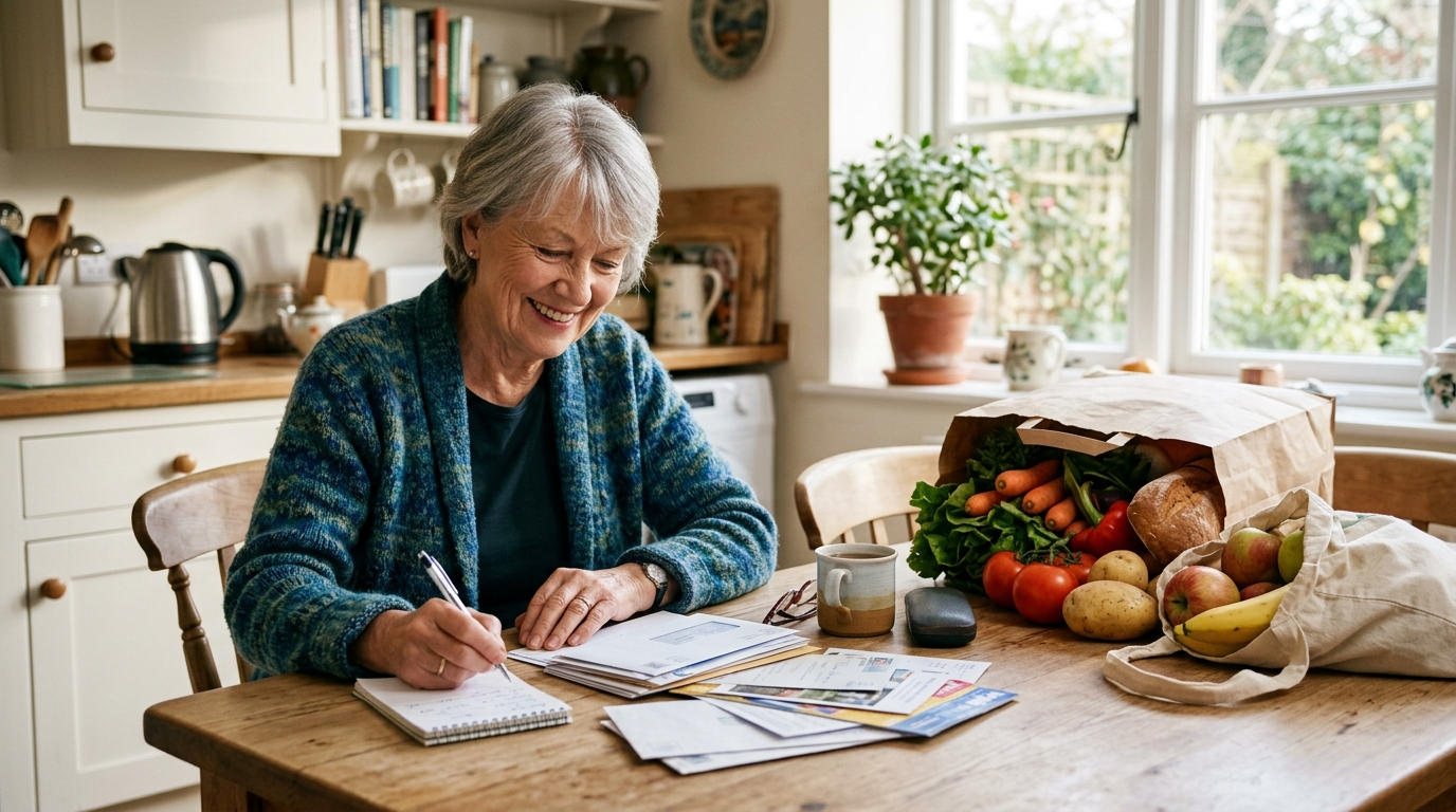 An older woman at a bright kitchen table with bags of fresh groceries, reviewing mail and a notepad.