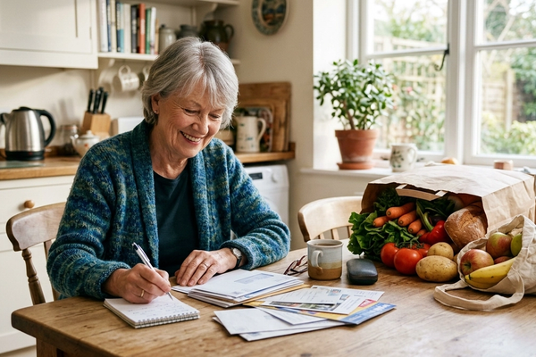 An older woman at a bright kitchen table with bags of fresh groceries, reviewing mail and a notepad.