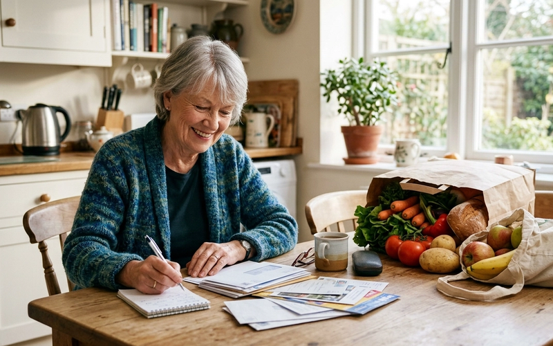 An older woman at a bright kitchen table with bags of fresh groceries, reviewing mail and a notepad.