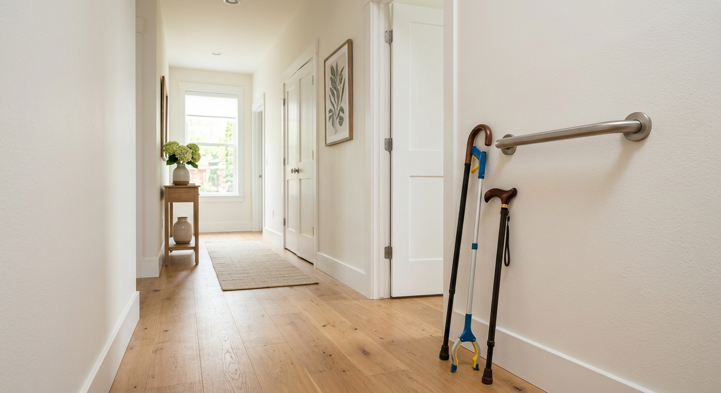 A home hallway with a wall grab bar, a reaching tool and a walking cane.