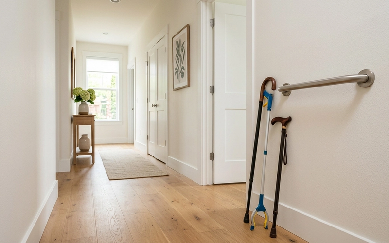 A home hallway with a wall grab bar, a reaching tool and a walking cane.