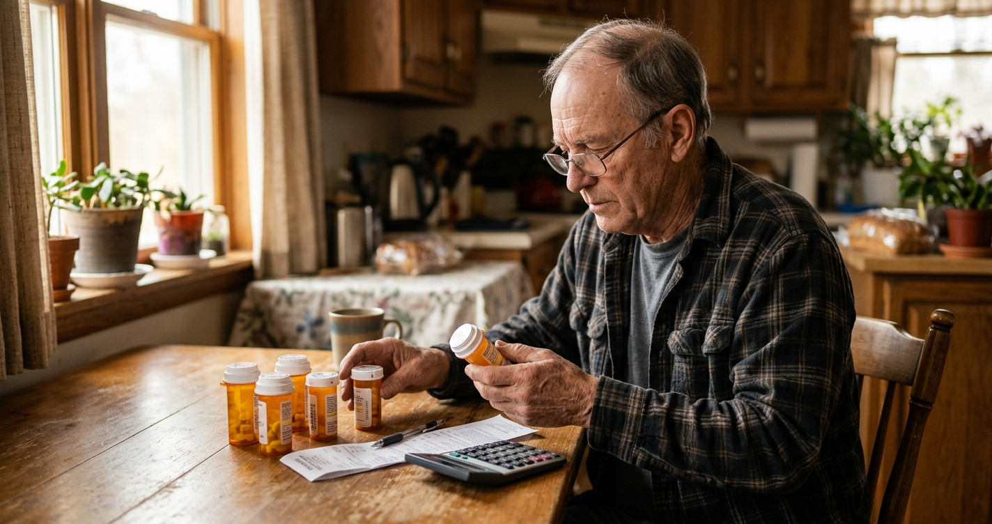 An older man at home sorting prescription medication bottles next to a pharmacy receipt and a calculator.