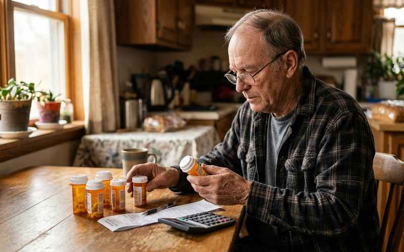 An older man at home sorting prescription medication bottles next to a pharmacy receipt and a calculator.