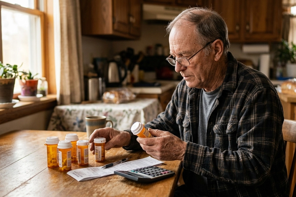An older man at home sorting prescription medication bottles next to a pharmacy receipt and a calculator.