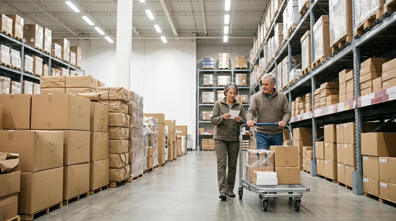 An older couple pushing a flat warehouse cart down a wide aisle of bulk goods, one of them checking a shopping list.