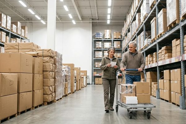 An older couple pushing a flat warehouse cart down a wide aisle of bulk goods, one of them checking a shopping list.