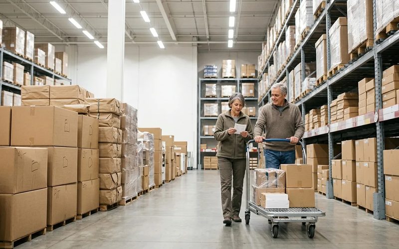 An older couple pushing a flat warehouse cart down a wide aisle of bulk goods, one of them checking a shopping list.