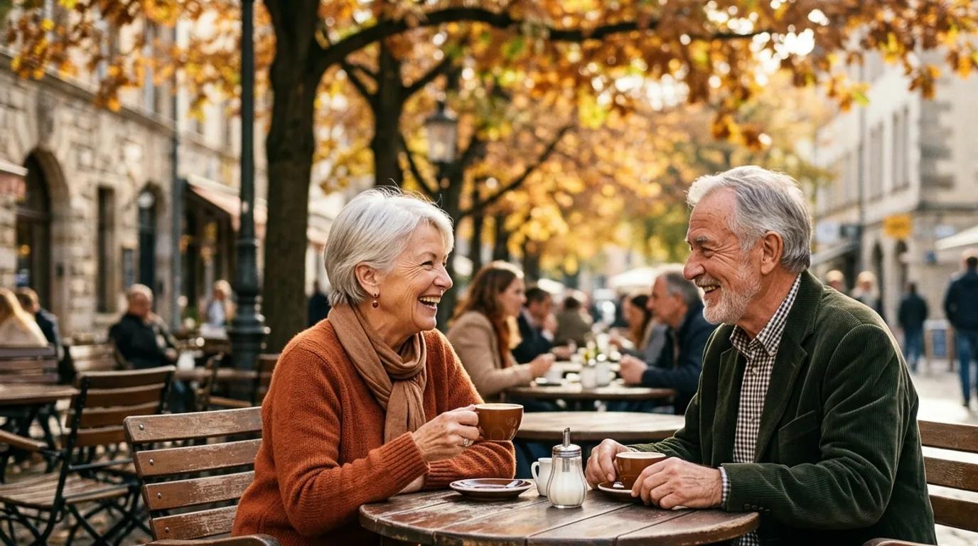 An older couple laughing together over coffee at an outdoor cafe table on an autumn afternoon.