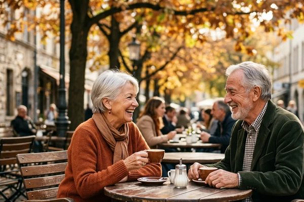 An older couple laughing together over coffee at an outdoor cafe table on an autumn afternoon.