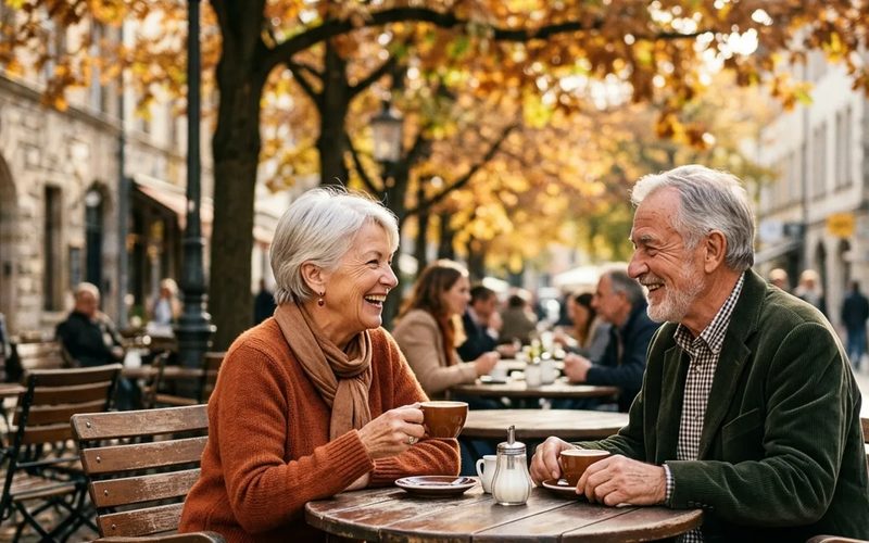 An older couple laughing together over coffee at an outdoor cafe table on an autumn afternoon.